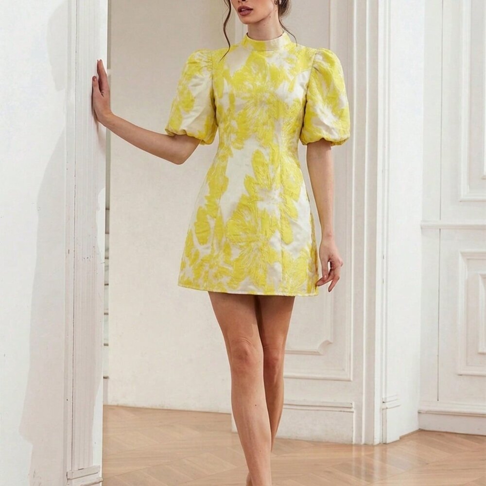 Light Yellow Elegant Women's Fuchsia Jacquet Mini Dress - Picture 6 of 6